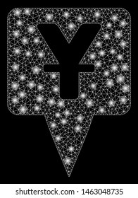 Glossy mesh yuan map pointer with sparkle effect. Abstract illuminated model of yuan map pointer icon. Shiny wire frame polygonal mesh yuan map pointer. Vector abstraction on a black background.