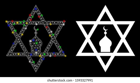 Glossy mesh zion icon with sparkle effect. Abstract illuminated model of zion. Shiny wire frame polygonal network zion icon. Vector abstraction on a black background.