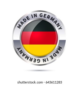 Glossy metal badge icon, made in Germany with flag