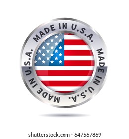 Glossy metal badge icon, made in USA with flag