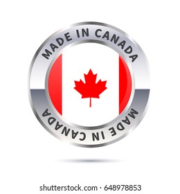 Glossy metal badge icon, made in Canada with flag