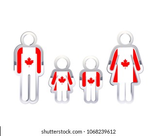 Glossy metal badge icon in man, woman and childrens shapes with Canada flag, infographic element isolated on white