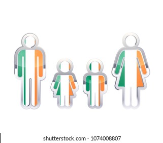 Glossy metal badge icon in man, woman and childrens shapes with Ireland flag, infographic element on white