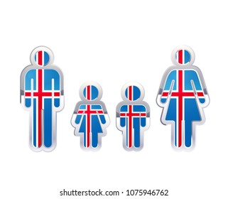 Glossy metal badge icon in man, woman and childrens shapes with Iceland flag, infographic element isolated on white