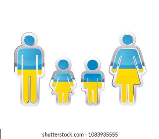 Glossy metal badge icon in man, woman and childrens shapes with Ukraine flag, infographic element isolated on white