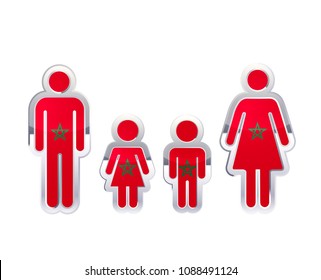 Glossy metal badge icon in man, woman and childrens shapes with Morocco flag, infographic element isolated on white