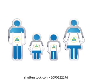 Glossy metal badge icon in man, woman and childrens shapes with Nicaragua flag, infographic element isolated on white