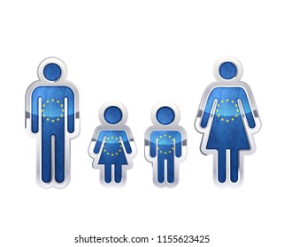 Glossy metal badge icon in man, woman and childrens shapes with European Union flag, infographic element isolated on white