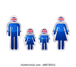 Glossy metal badge icon in man, woman and childrens shapes with Australian flag, infographic element isolated on white
