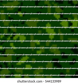 Glossy metal barbed wire fence with unfocused green plants background pattern