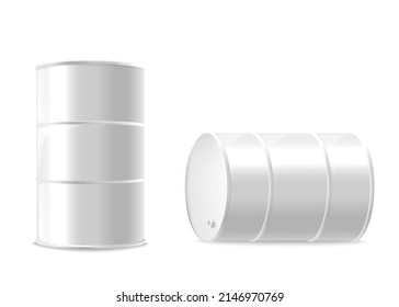 Glossy metal barrel templates set in two various positions, realistic vector illustration isolated on white background. Blank barrel container realistic mockup.