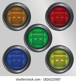 glossy metal button with gradient and flat vector frankenstein head icon,for halloween theme