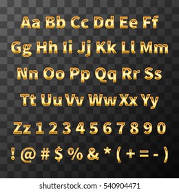Glossy metal font. Golden latin letters and numbers on transparent background