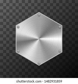 Glossy metal industrial plate in hexagon shape on transparent background