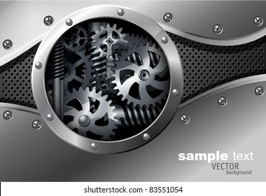 Glossy metal plate vector background with screw and rivets.