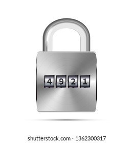 Glossy metal realistic padlock with code numbers isolated on white