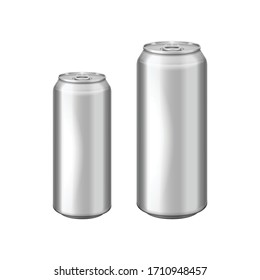 Glossy metal silver aluminium beer can. Can be used for alcohol, energy drink, soft drink, soda, fizzy pop, lemonade, cola. Vector realistic template set for your design