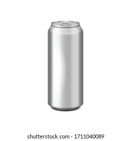 Glossy metal silver aluminium beer can. Can be used for alcohol, energy drink, soft drink, soda, fizzy pop, lemonade, cola. Vector realistic template for your design