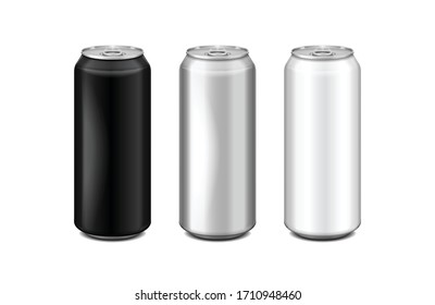 Glossy metal silver, white and black aluminium beer can. Can be used for alcohol, energy drink, soft drink, soda, fizzy pop, lemonade, cola. Vector realistic template set for your design