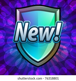 Glossy metallic and blue shield emblem on colored background