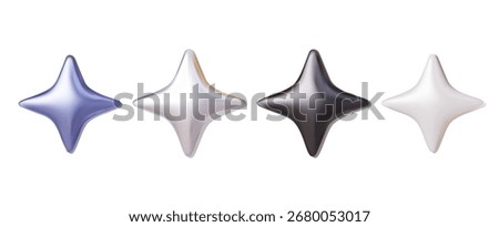 Glossy metallic blue, silver, black, and white star-shaped elements in y2k style, modern futuristic highlights for web and graphic design, decorative chrome icons and sparkles, 3D vector illustration