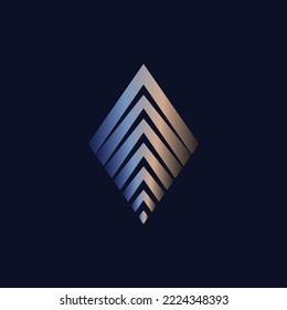 Glossy metallic chevron rhombus vector logo isolated on black background. Logo for product, brand, company, business, and finance.