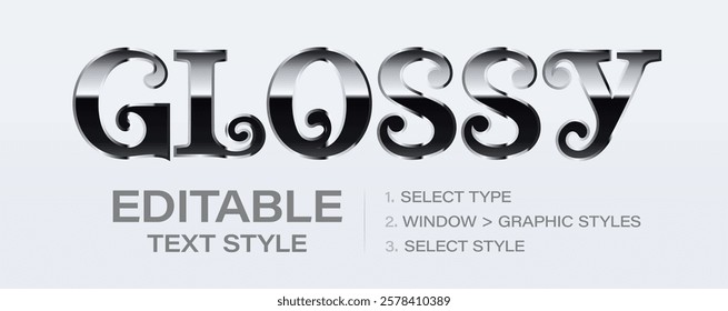 Glossy metallic editable text effect, black shiny platinum graphic style template. Customizable polished metal color and contour style. Vector illustration