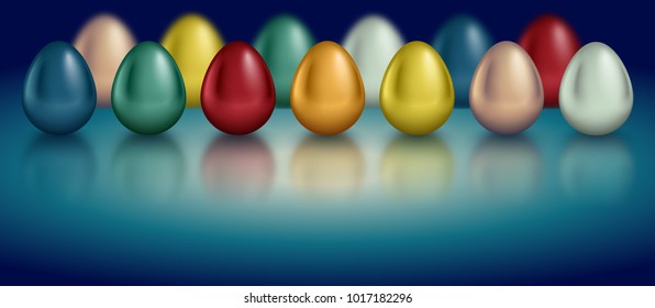 Glossy metallic egg set. Golden, silver, blue, red, green, red, orange, yellow, white color reflect paint collection. Turquoise deep retro background. Horizontal banner for Easter design.