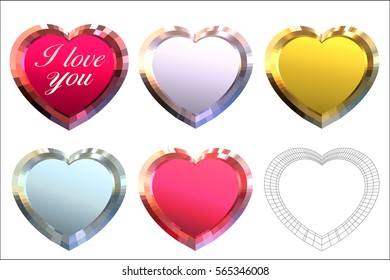 Glossy metallic faceted hearts, ruby red, bright pink, golden yellow, light aquamarine blue, amethyst violet, wireframe, i love you script, isolated on white background. Vector illustration