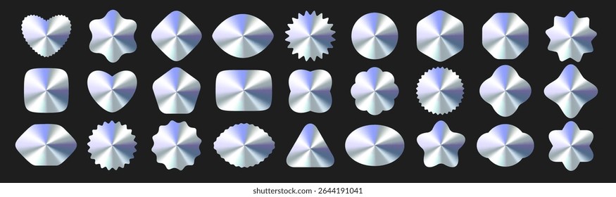 Rótulos De Gradiente Metálico Brilhante, Adesivos Vazios, Formas Definidas Com Efeito Cromado. Coleção De Ícones De Quadro De Metal Polido Para Logotipo, Adesivo Original, Etiqueta Holográfica, Design Promocional. Ilustração de vetor