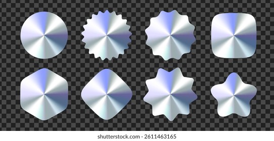 Glossy Metallic Gradient Labels, Stickers, Shapes Set With Chrome Effect On Transparent Background. Silver Icons Collection For Logo, Badge, Button, Seal, Or Decoration Design. Vector Illustration