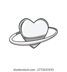Glossy, metallic heart shape orbits a graceful, curved ring, creating an illustrative conceptual design for themes of affection, connection, and eternal bonds