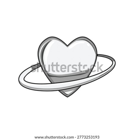 Glossy, metallic heart shape orbits a graceful, curved ring, creating an illustrative conceptual design for themes of affection, connection, and eternal bonds