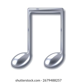 Glänzendes metallisches Notensymbol in Silbertönen. Stellt Musik- und Audiodesigns dar. Ideal für den Einsatz im App-Design oder in musikalischen Projekten.