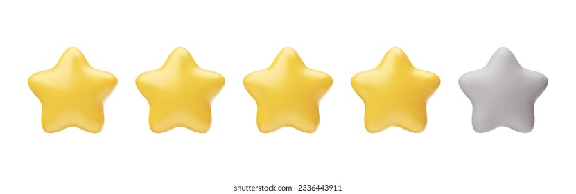 Glossy metallic rating stars 3d realistic style rendering. Game achievement, positive feedback, user experience, bad rating, performance evaluation vector illustration isolated on white background