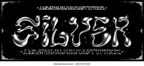 Glossy metallic silver font. Liquid metal Inflated alphabet, 3D ballon letters. Vector typeface set