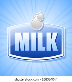 Glossy milk label with milk drops and rays on blue background