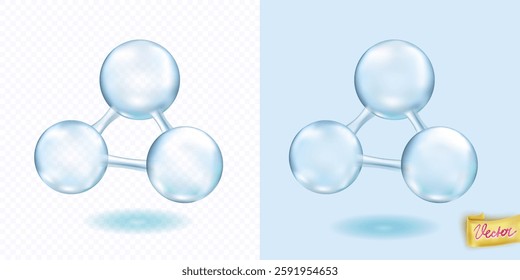 Glossy molecular structure  vector Illustration with shadows. Ozon molecule model set isolated on transparent and light blue background. Translucent object 