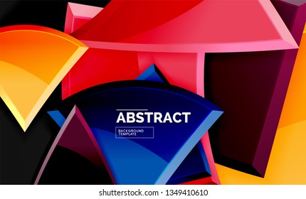 Glossy mosaic style geometric shapes - squares and triangles on black. Vector illustration