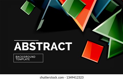 Glossy mosaic style geometric shapes - squares and triangles on black. Vector illustration