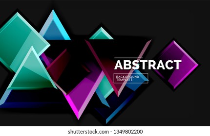 Glossy mosaic style geometric shapes - squares and triangles on black. Vector illustration