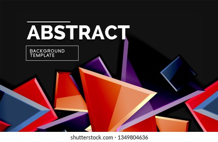 Glossy mosaic style geometric shapes - squares and triangles on black. Vector illustration