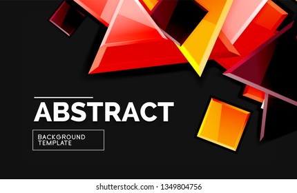 Glossy mosaic style geometric shapes - squares and triangles on black. Vector illustration