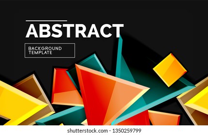 Glossy mosaic style geometric shapes - squares and triangles on black. Vector illustration