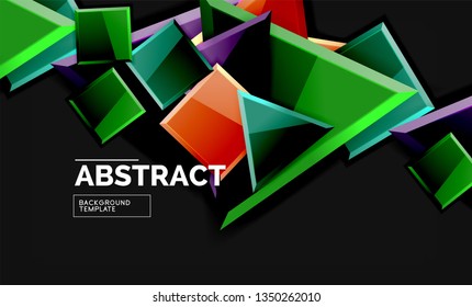 Glossy mosaic style geometric shapes - squares and triangles on black. Vector illustration