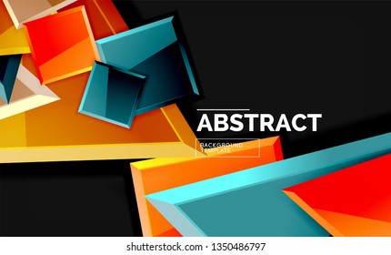 Glossy mosaic style geometric shapes - squares and triangles on black. Vector illustration