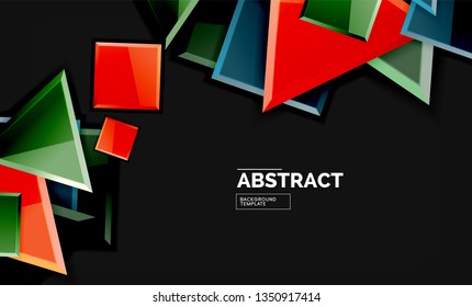 Glossy mosaic style geometric shapes - squares and triangles on black. Vector illustration