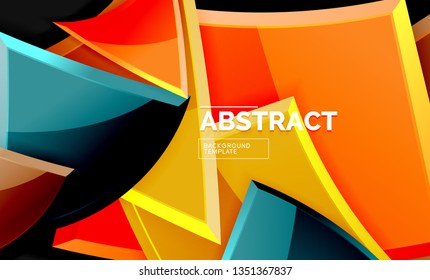 Glossy mosaic style geometric shapes - squares and triangles on black. Vector illustration