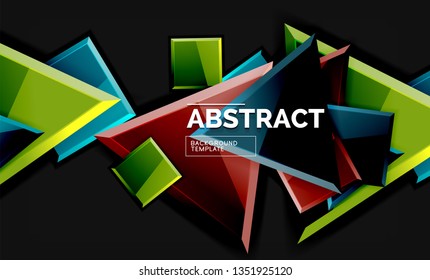 Glossy mosaic style geometric shapes - squares and triangles on black. Vector illustration