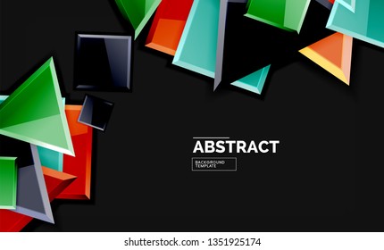Formas geométricas de mosaico brillante - cuadrados y triángulos sobre negro. Ilustración del vector